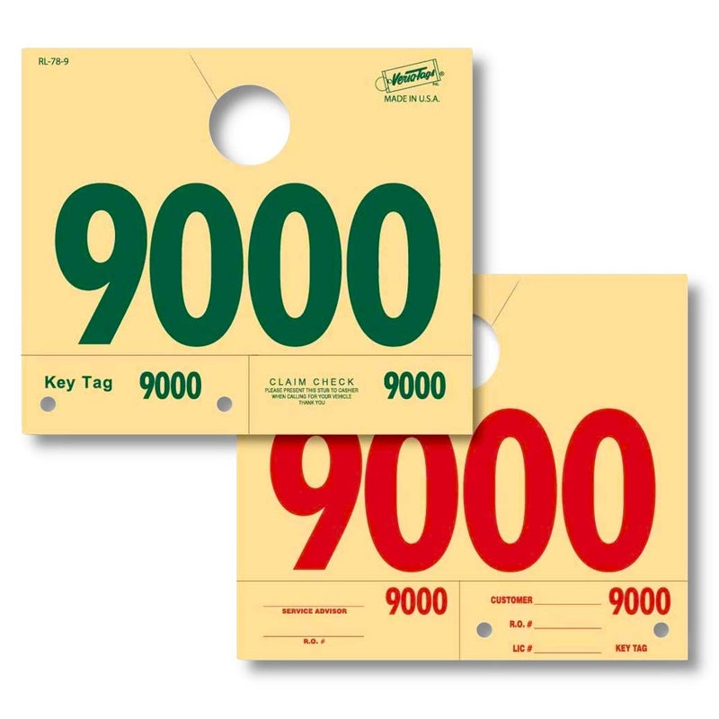 Versa-Tags 1000 Automotive Service Dispatch Numbers Mirror Hang Tags Numbered 9000-9999 RL78 Style Red Green Service Dispatch Numbers Manilla Card Stock with 1.25 Slotted Hang Cutout - Image 1